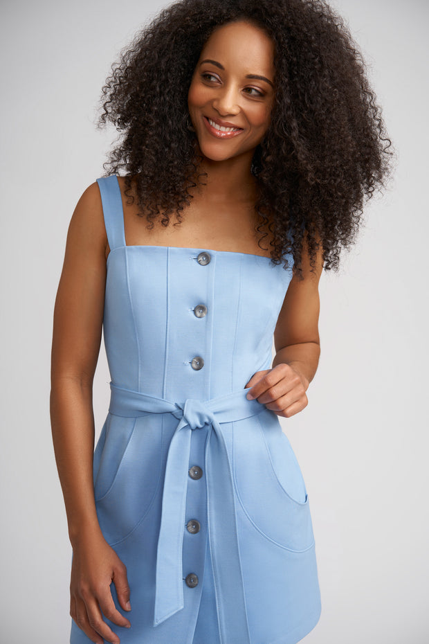 Sky Blue Taylor Button Front Mini Dress with Optional Belt