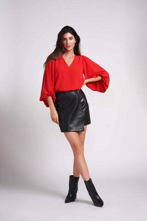 Simply Red Salem Lined Balloon Sleeve V-Neck Blouse