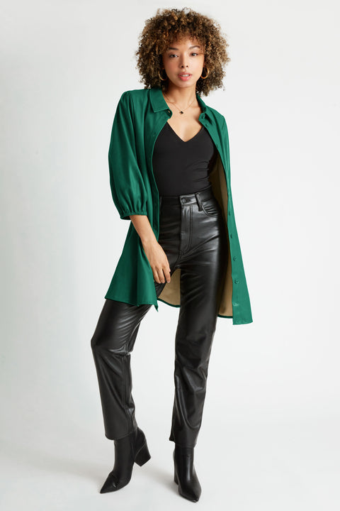 Jess Faux Leather Button front Dress or Duster in Dark Green