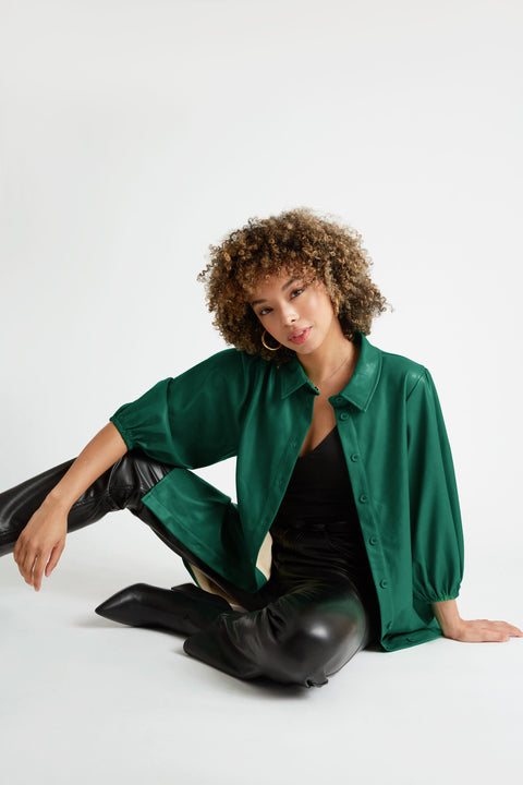 Jess Faux Leather Button front Dress or Duster in Dark Green Caldwell Collection Jess Faux Leather Button front Dress or Duster in Dark Green Caldwell Collection