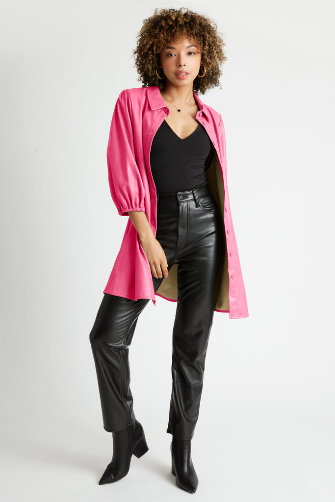Jess Faux Leather Button front Dress or Duster in Hot Pink Caldwell Collection Jess Faux Leather Button front Dress or Duster in Hot Pink Caldwell Collection