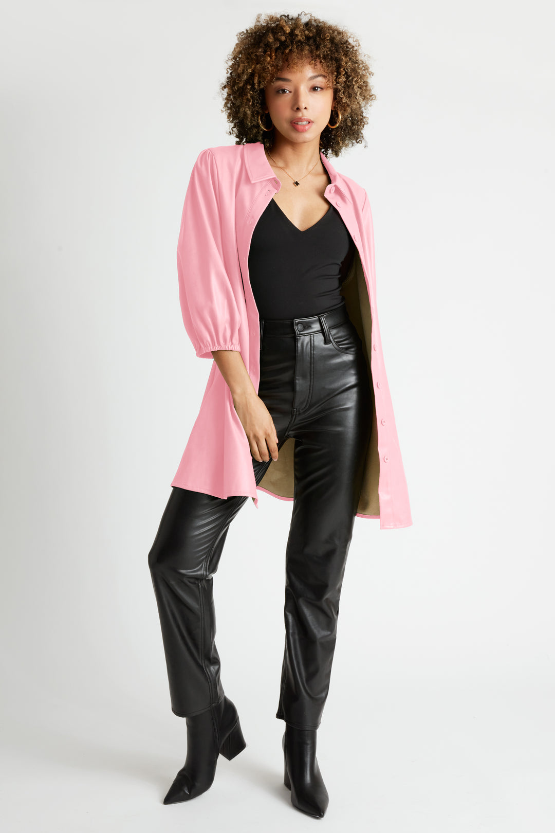 Jess Faux Leather Button front Dress or Duster in Light Pink Caldwell Collection