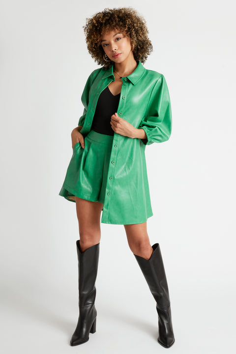 Jess Faux Leather Button front Dress or Duster in Emerald Green Caldwell Collection Jess Faux Leather Button front Dress or Duster in Emerald Green Caldwell Collection
