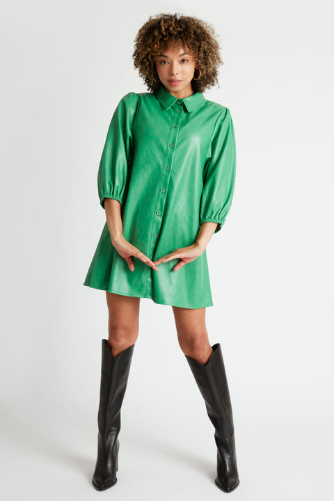Jess Faux Leather Button front Dress or Duster in Emerald Green Caldwell Collection Jess Faux Leather Button front Dress or Duster in Emerald Green Caldwell Collection