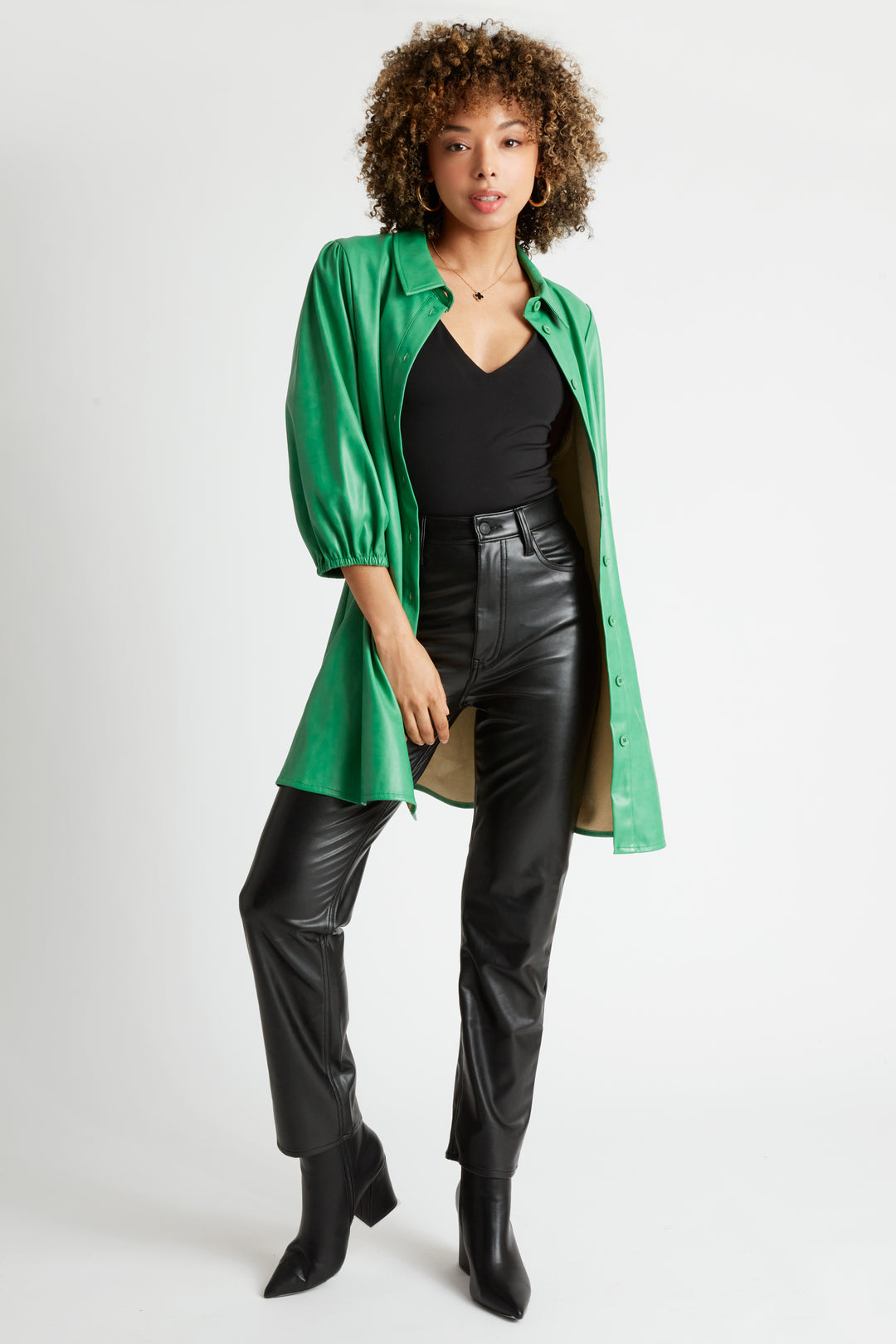 Jess Faux Leather Button front Dress or Duster in Emerald Green – Caldwell  Collection