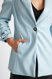Parker Faux Leather Ruched 3/4 Sleeve Blazer in Sky Blue