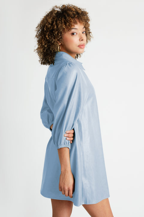 Jess Faux Leather Button front Dress or Duster in Sky Blue Caldwell Collection Jess Faux Leather Button front Dress or Duster in Sky Blue Caldwell Collection