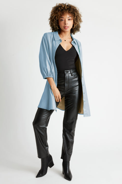 Jess Faux Leather Button front Dress or Duster in Sky Blue Caldwell Collection Jess Faux Leather Button front Dress or Duster in Sky Blue Caldwell Collection