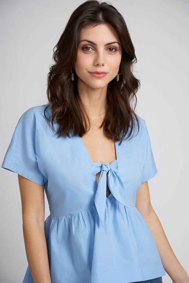 Sky Blue Kennedy Tie Front Top with High low Hem