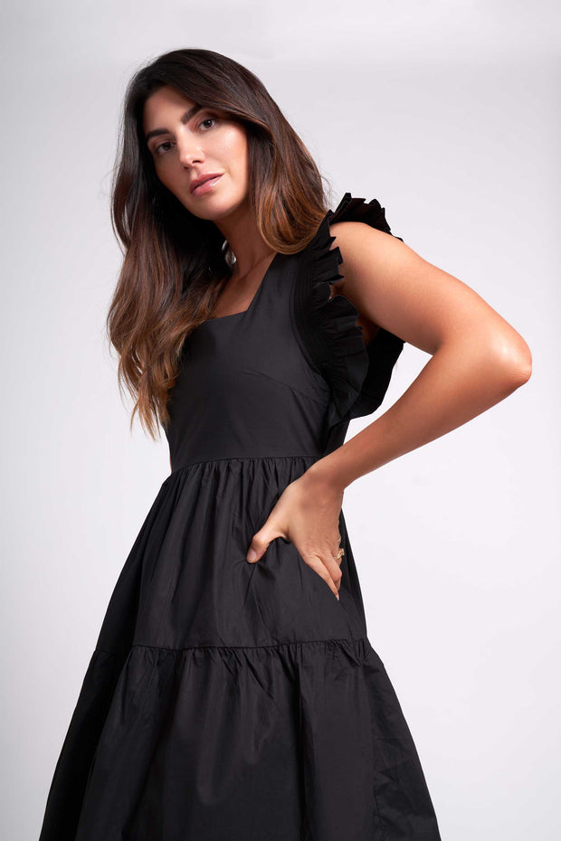 Noir Erin Square Neck Dress with Flutter Sleeves and Ruffled Skirt
