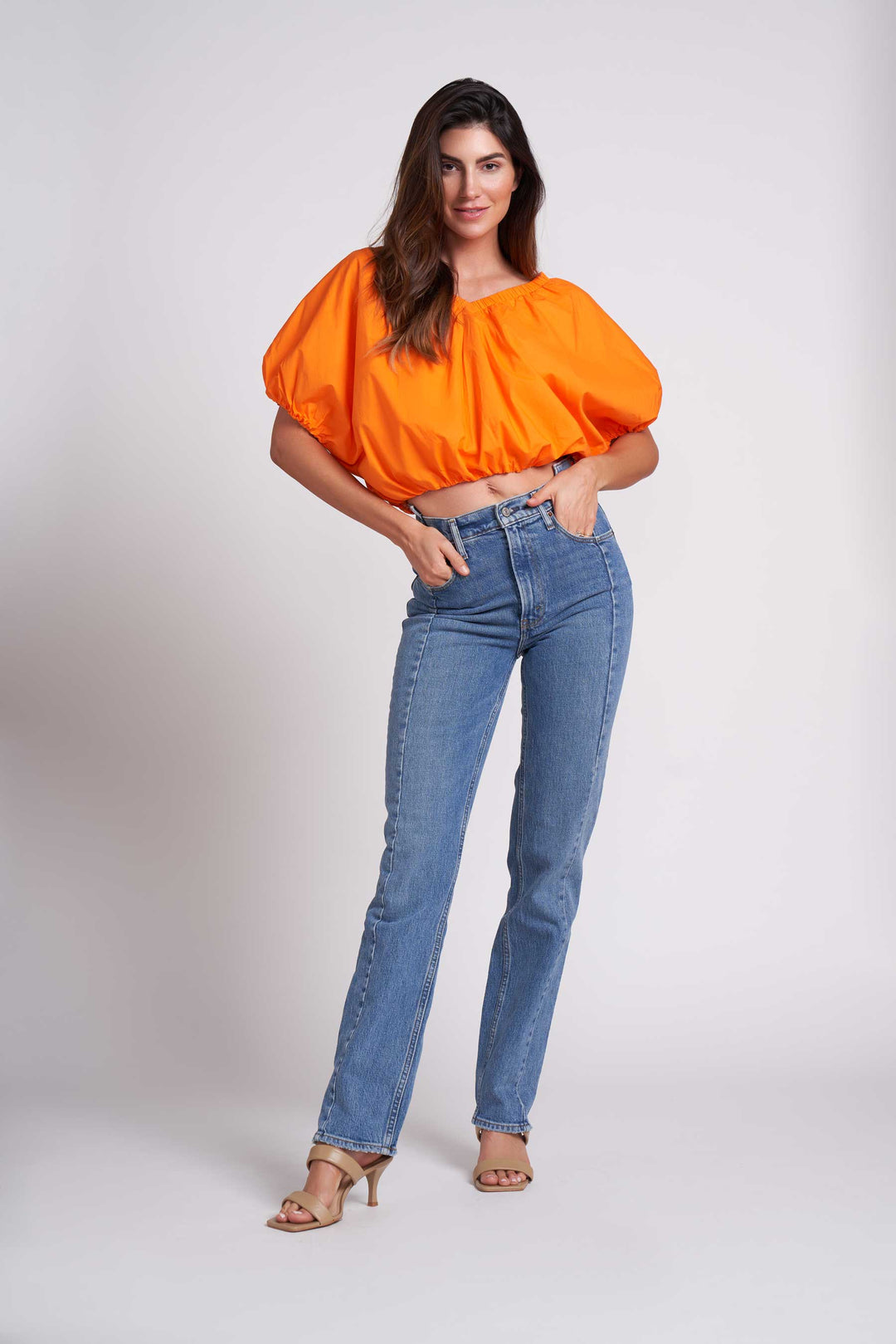 Orange Maya Cropped Balloon Sleeve Top – Caldwell Collection